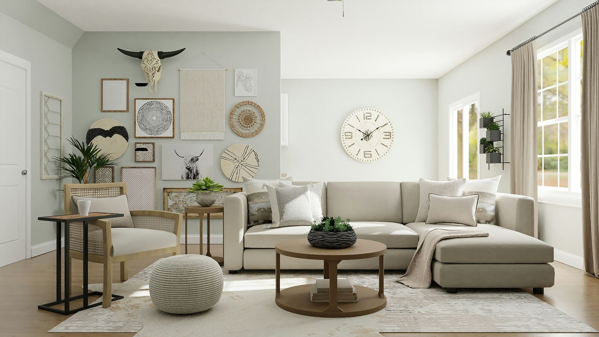 A calm living room with linen seating and soft daylight across a plaster wall