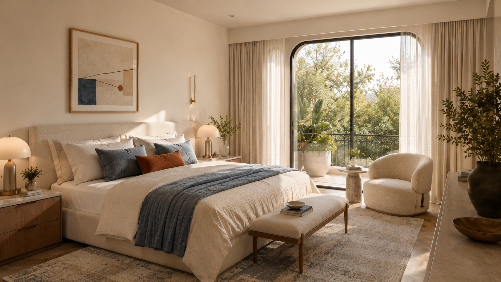 A calm bedroom with a cream upholstered bed, layered linen, slate and terracotta cushions, and an arched window opening to greenery
