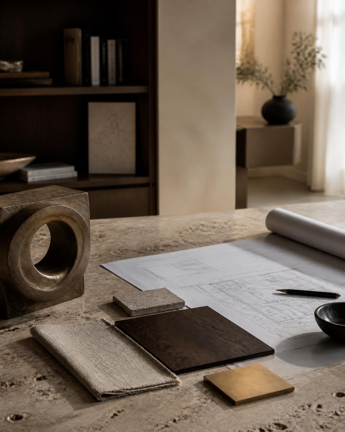 A designer's workspace with architectural drawings, material samples, and a sculptural object in warm daylight
