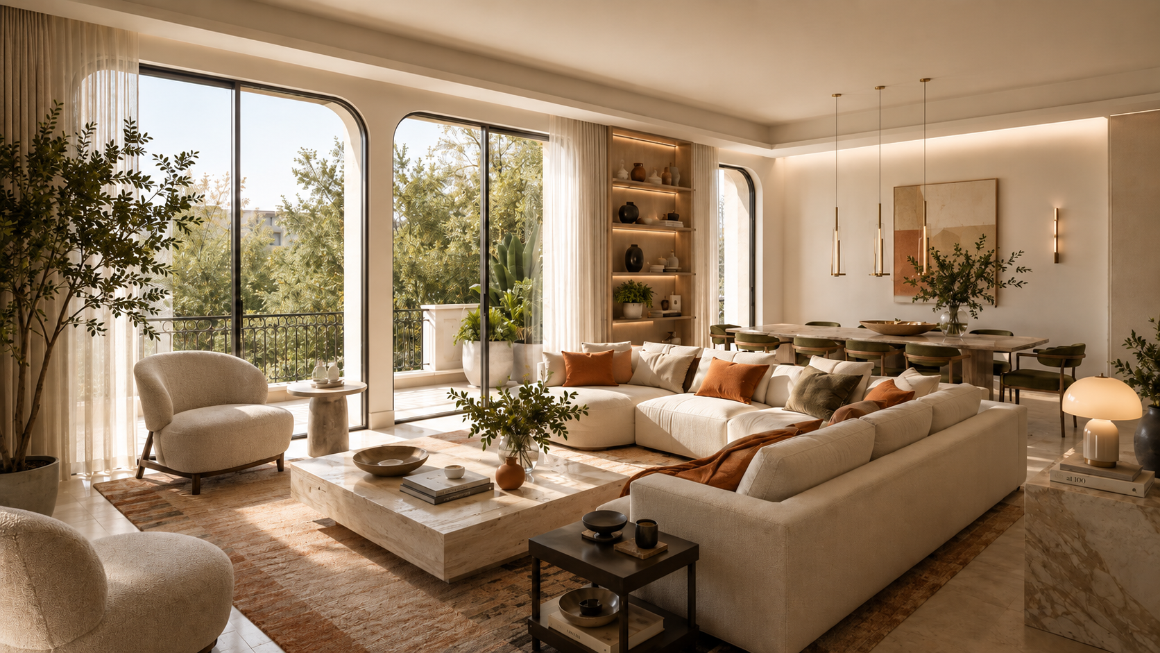 A sunlit contemporary living room with arched windows, cream linen seating, terracotta cushions, a travertine coffee table and olive dining chairs beyond