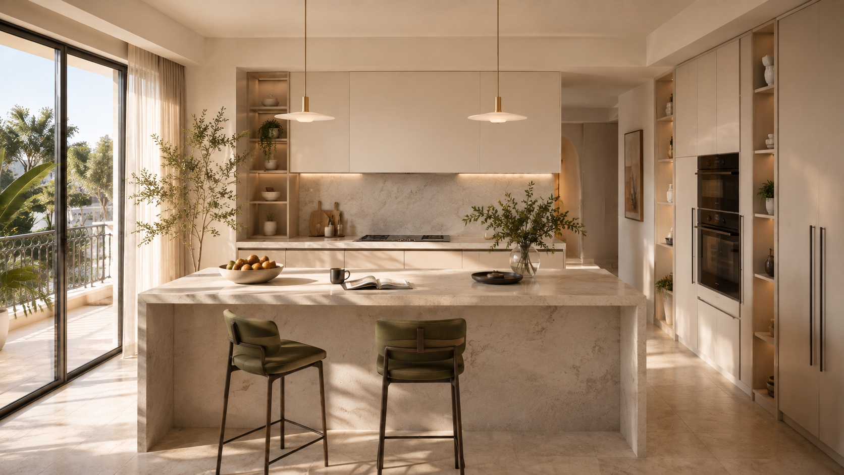 A sunlit kitchen with a travertine island, brass pendants, olive leather stools and an olive tree beside full height glazing