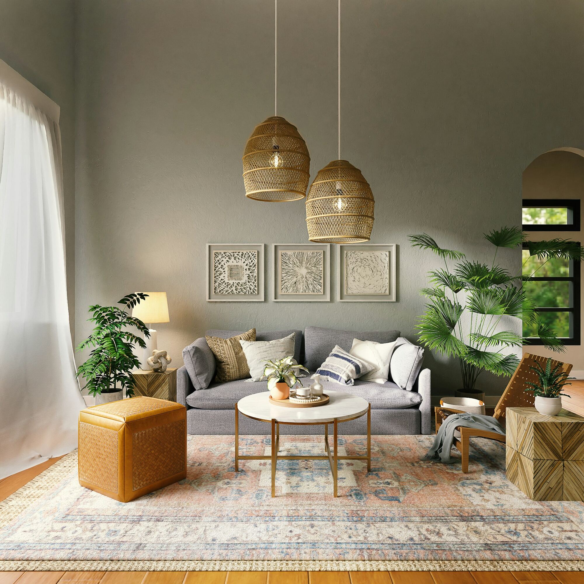 A studio worktable with material samples, drawings and sketches in soft daylight