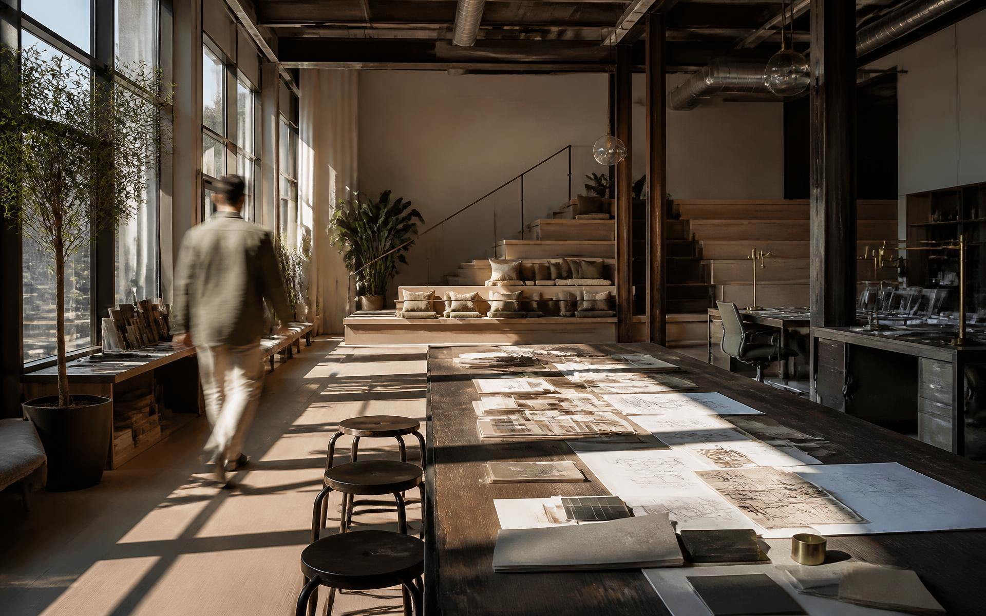 A an active contemporary workplace with daylight, warm materials and varied seating for focused work and conversation