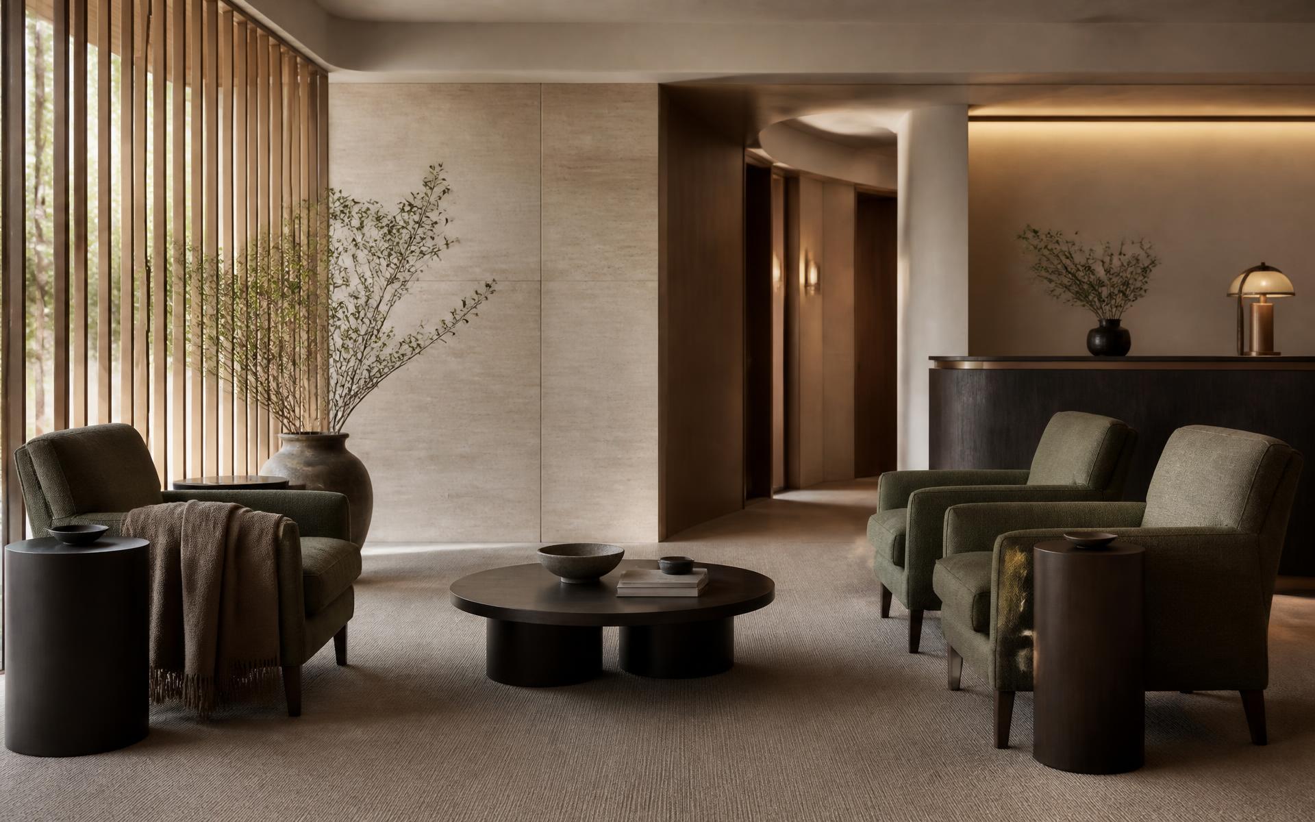 A a calm clinic and wellness interior with layered lighting, natural stone, timber and comfortable seating