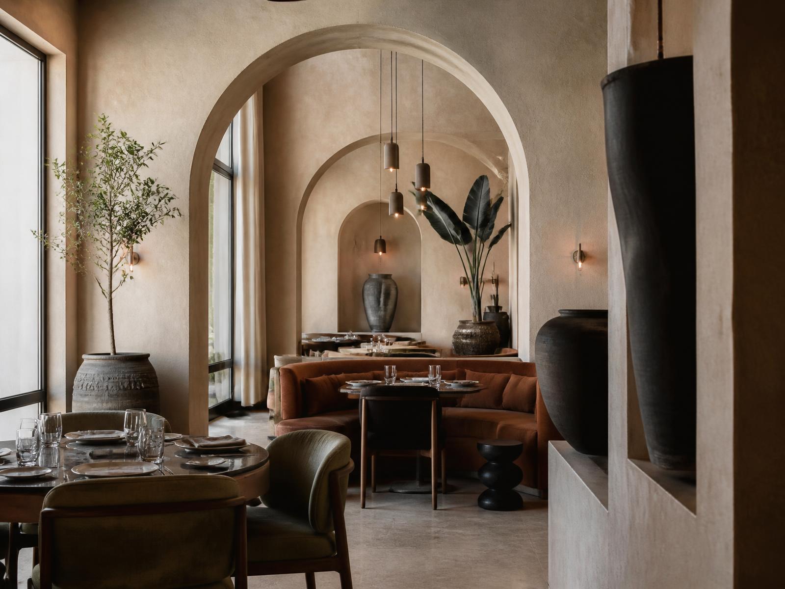 A calm contemporary restaurant interior with plaster arches, low pendant lighting, terracotta banquettes and olive dining chairs