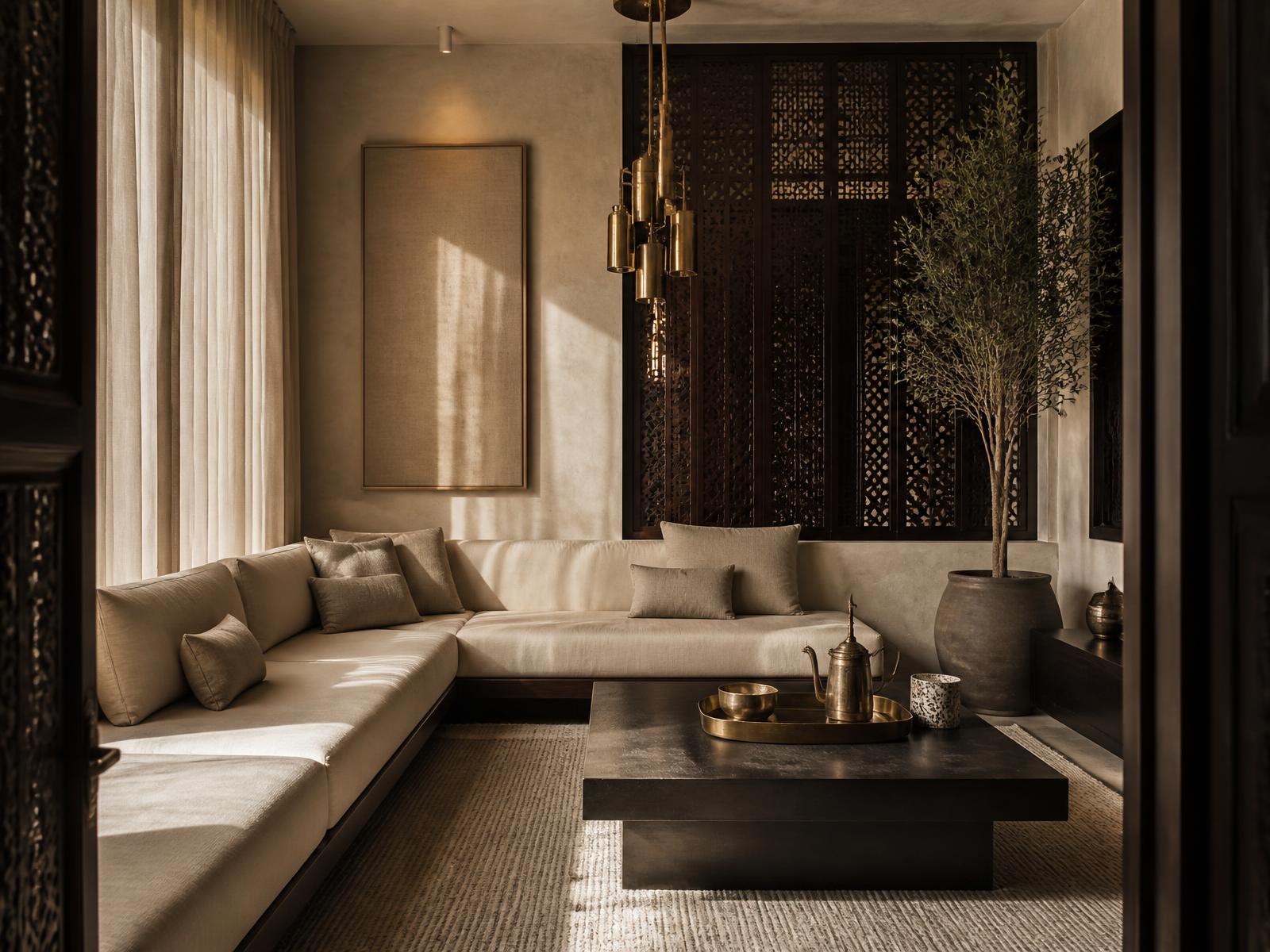 A contemporary majlis with low cream linen seating, a carved timber screen, brass detailing and warm afternoon light