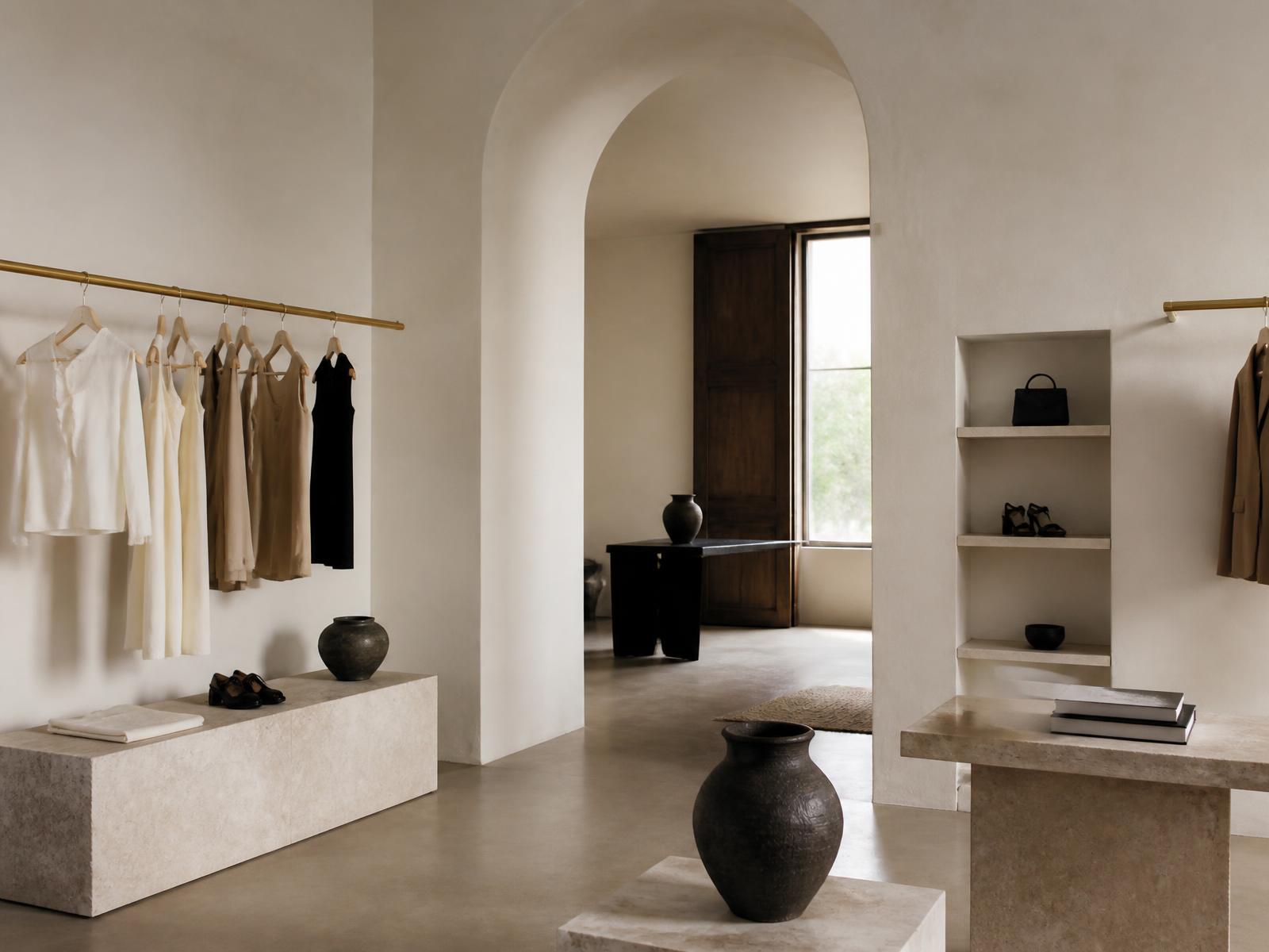 A minimal boutique retail interior with plaster walls, brass rails, stone plinths and soft diffused daylight
