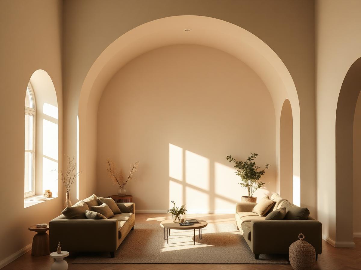 A residential interior with oak joinery, natural stone and soft daylight